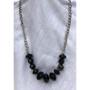 Silver Tone and Black Faceted Bead Asymmetric Necklace